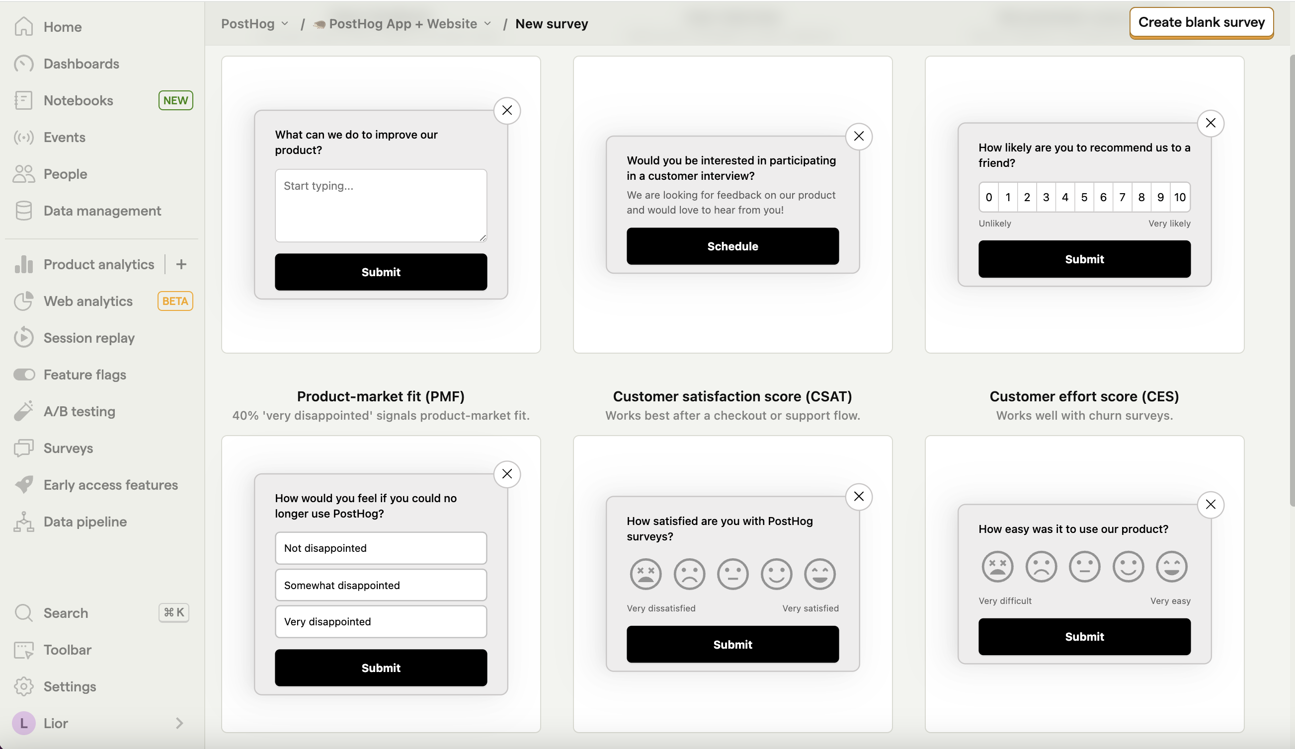 PostHog survey templates